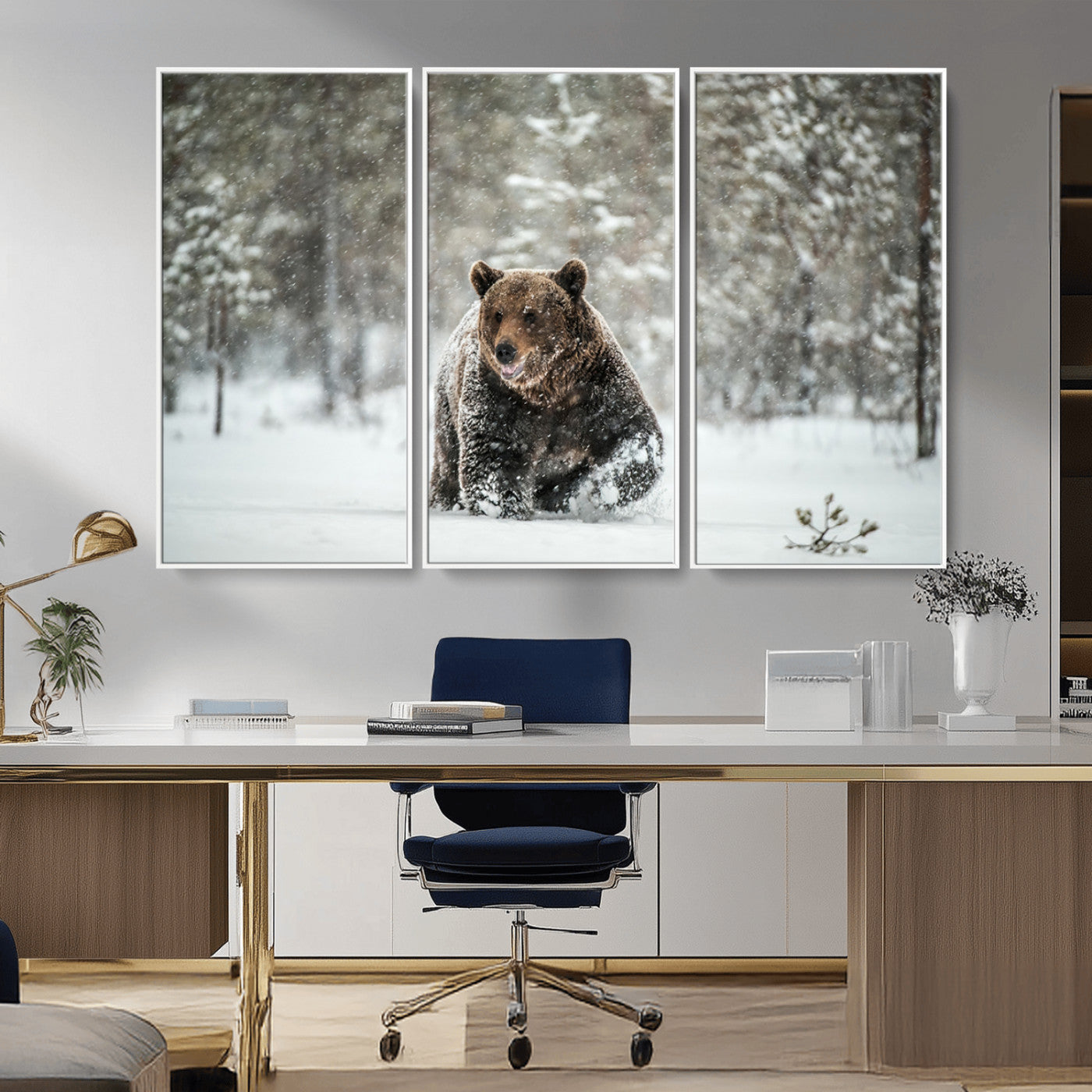 Grizzly Bear Wall Art – Framed Snowy Forest Canvas Artwork,