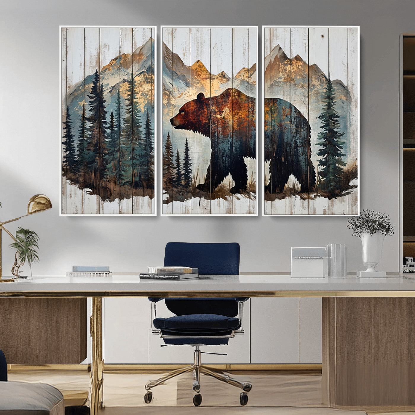 Rustic Grizzly 399 Bear and Mountain Wood Canvas Wall Art -