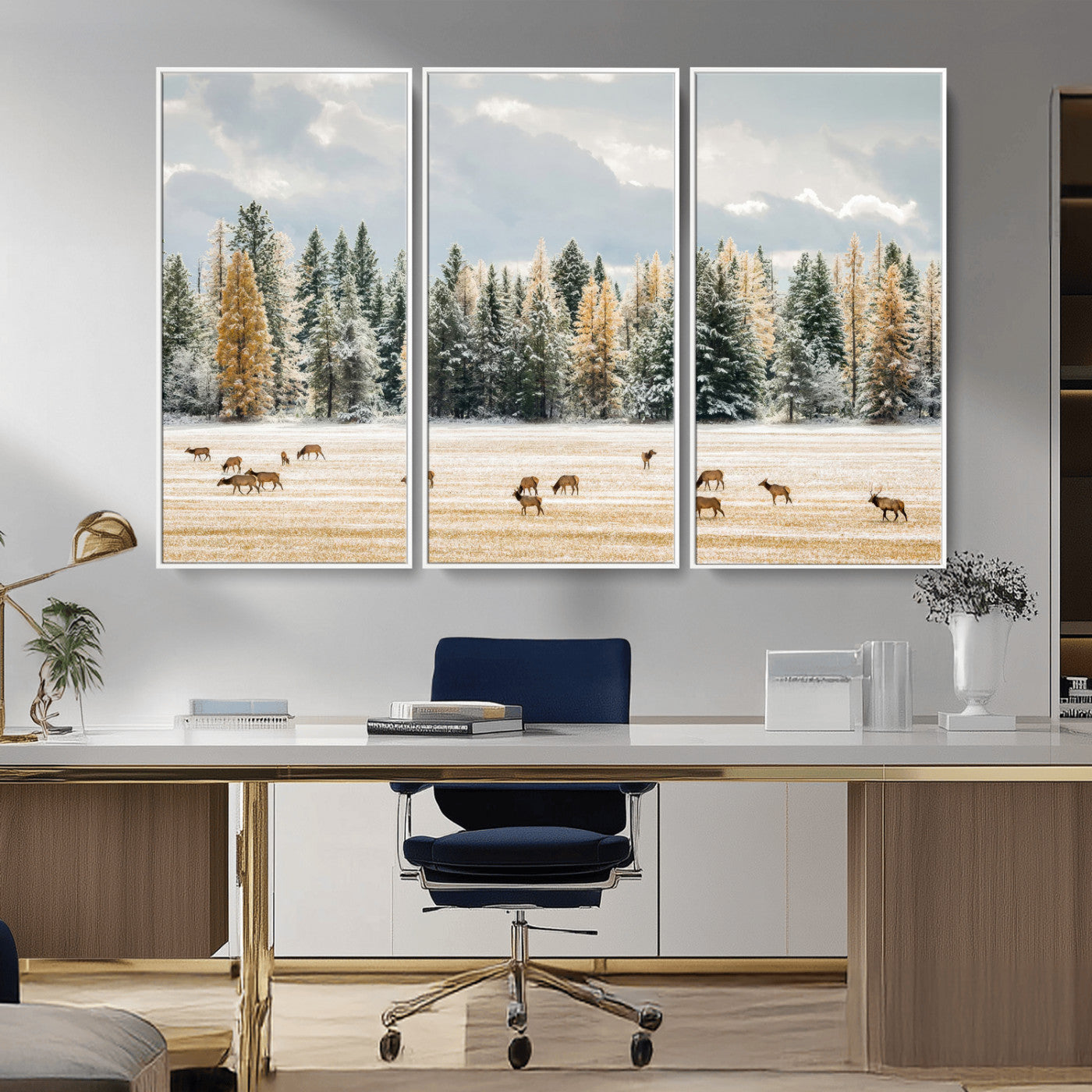 Elk Herd Wall Art – Framed Snowy Forest Canvas Artwork,