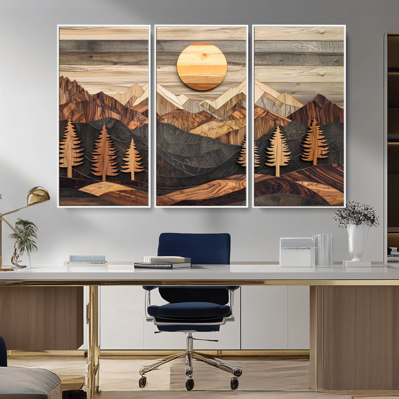 Wooden Mountain Layers Art – Rustic Pine Tree Landscape