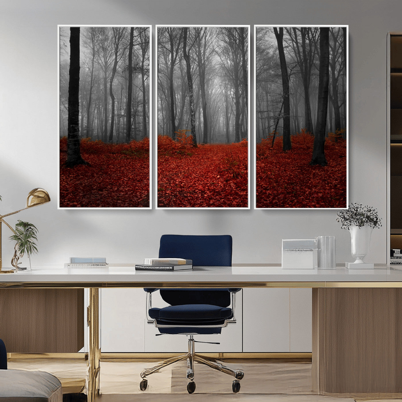 Red Forest Floor Canvas Wall Art – Mystical Foggy Woodland