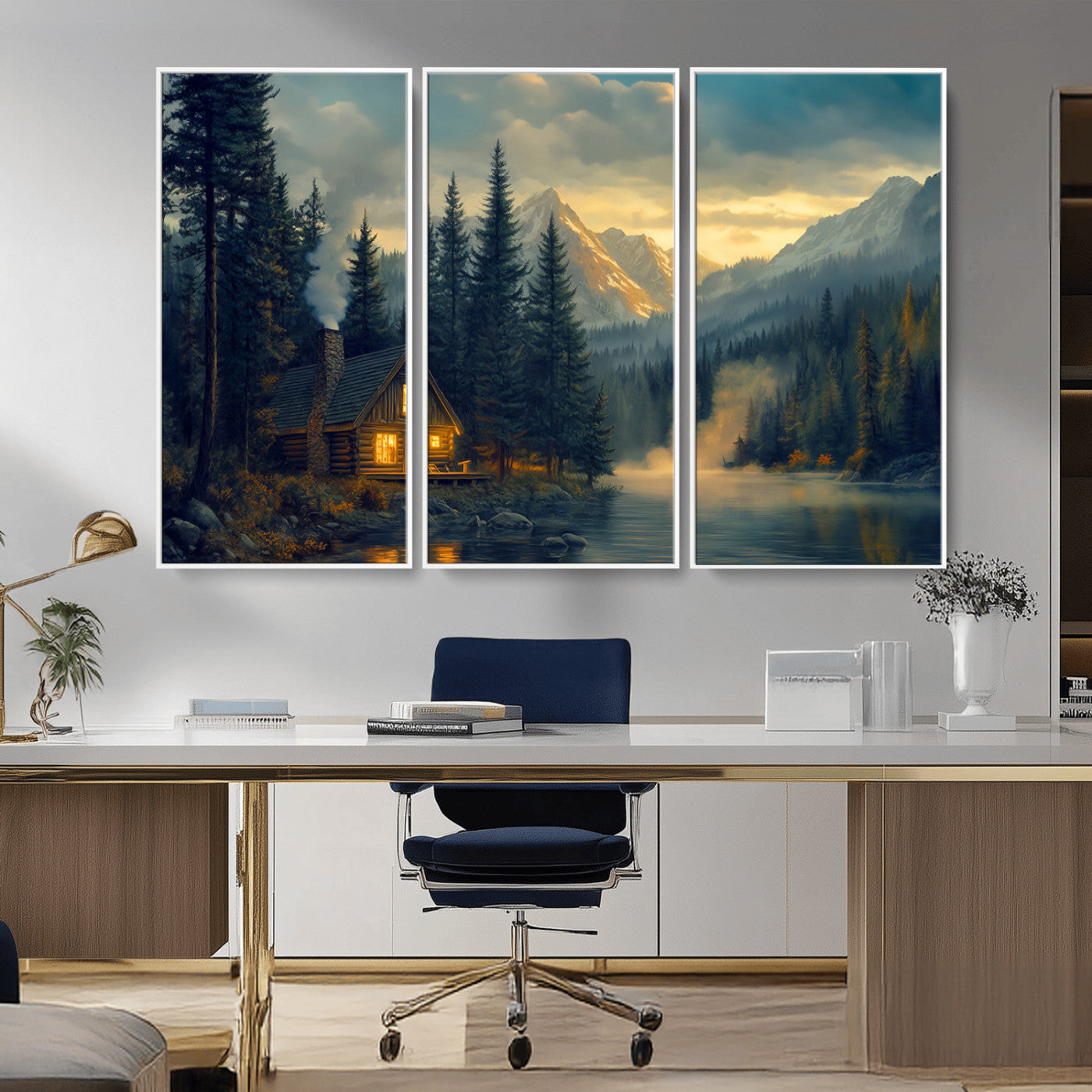Mountain Cabin by the Lake at Sunset Wall Art - Serene