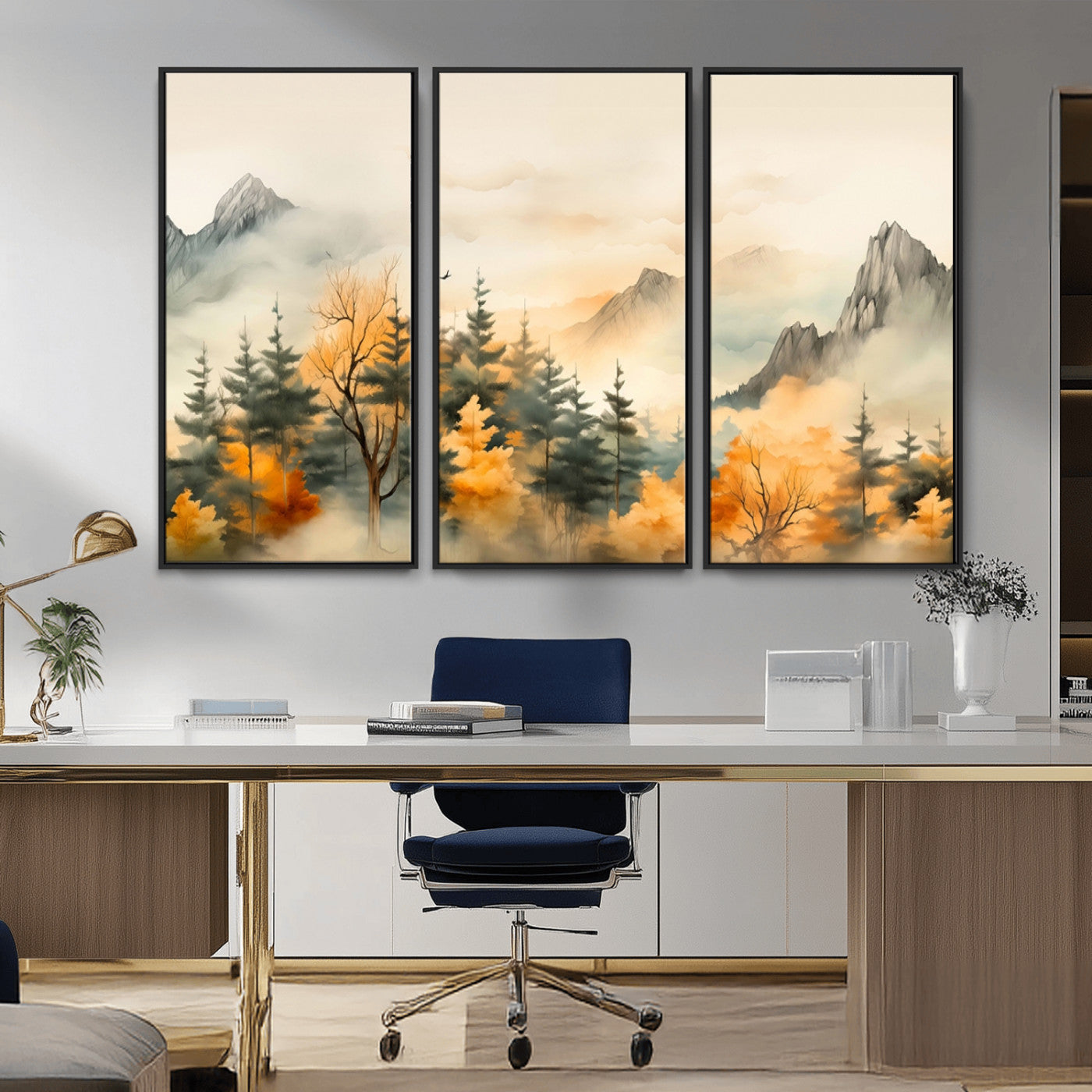 Abstract Watercolor Mountains and Trees Autumn Art,