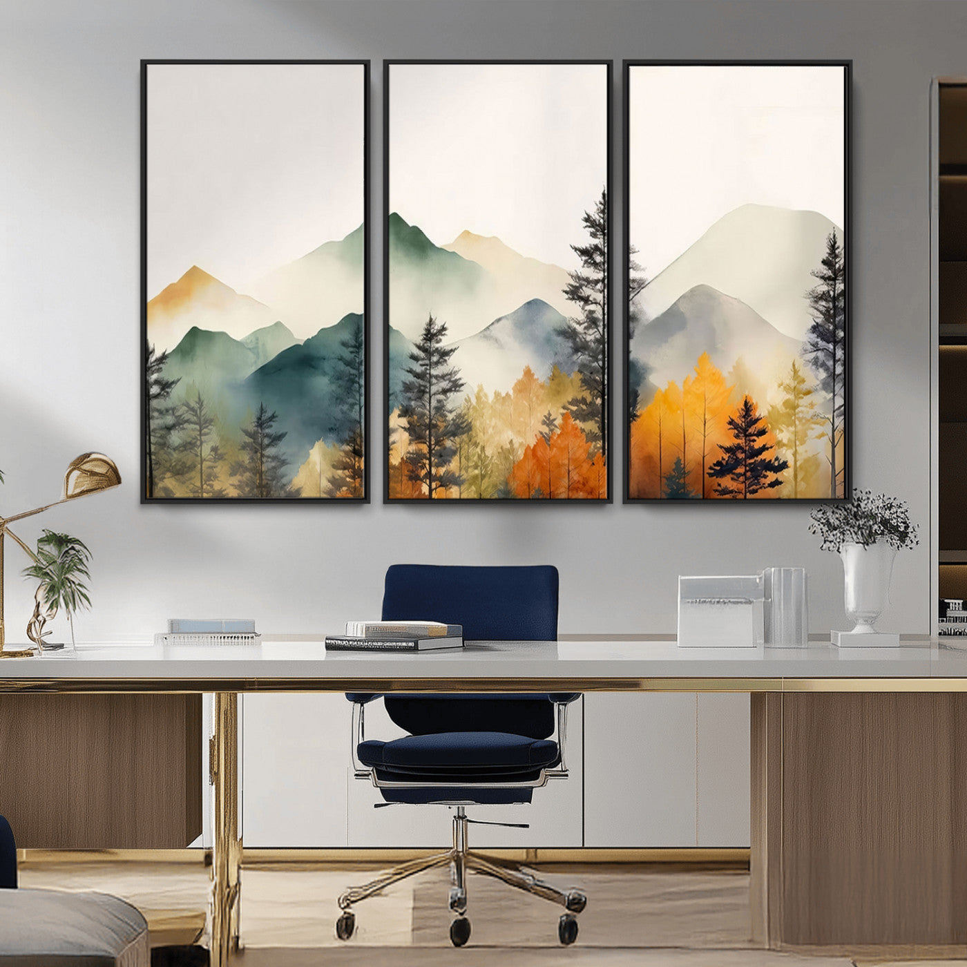 Abstract Watercolor Mountains and Trees Autumn Wall Art,