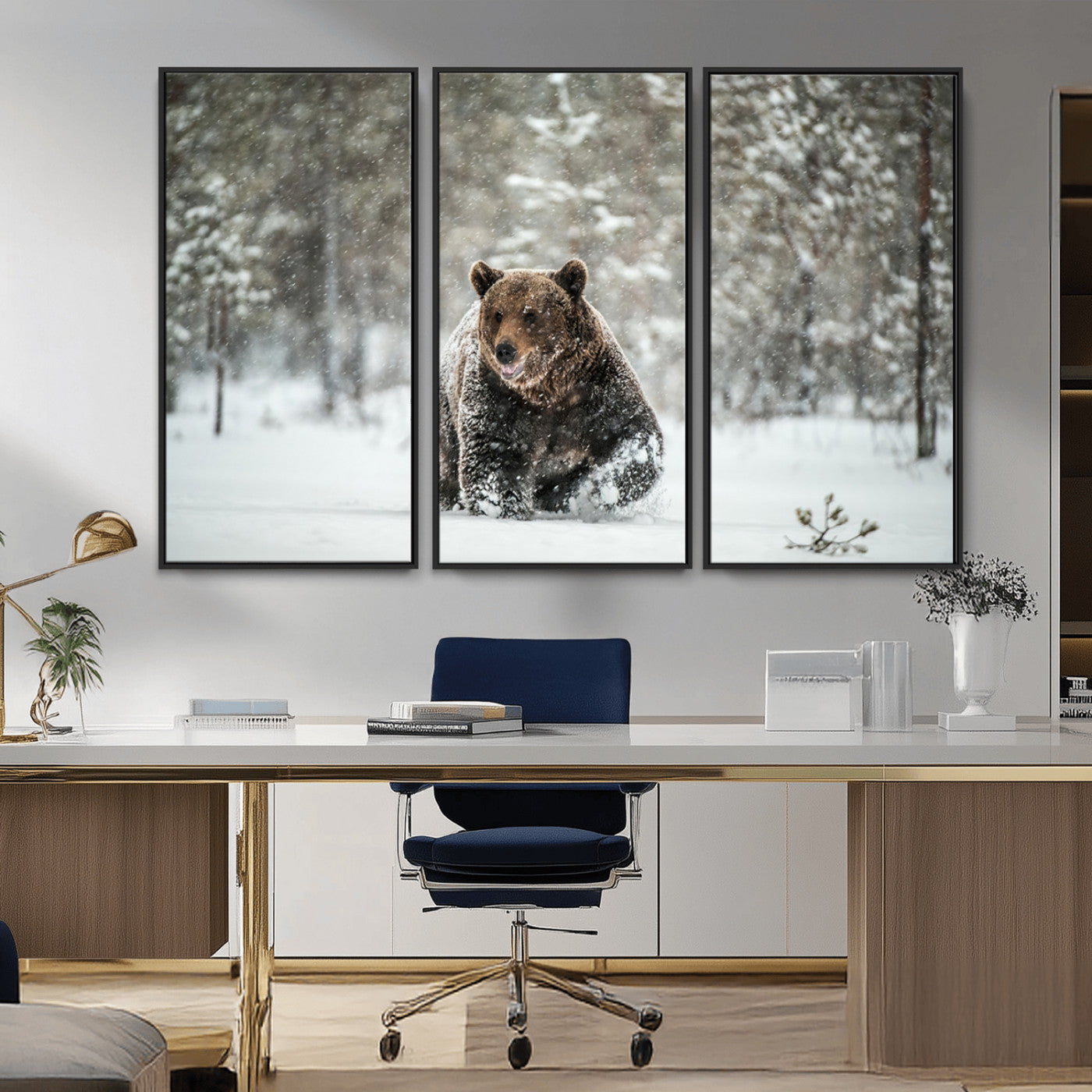 Grizzly Bear Wall Art – Framed Snowy Forest Canvas Artwork,