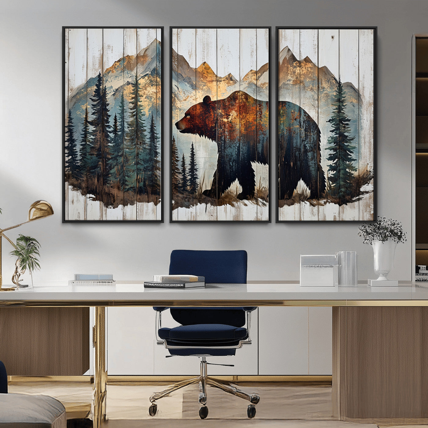 Rustic Grizzly 399 Bear and Mountain Wood Canvas Wall Art -