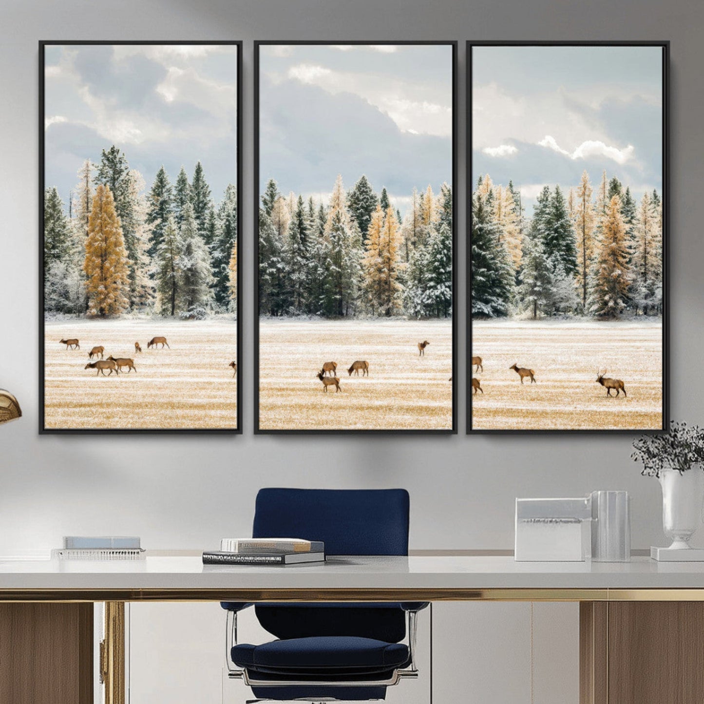 Elk Herd Wall Art – Framed Snowy Forest Canvas Artwork,