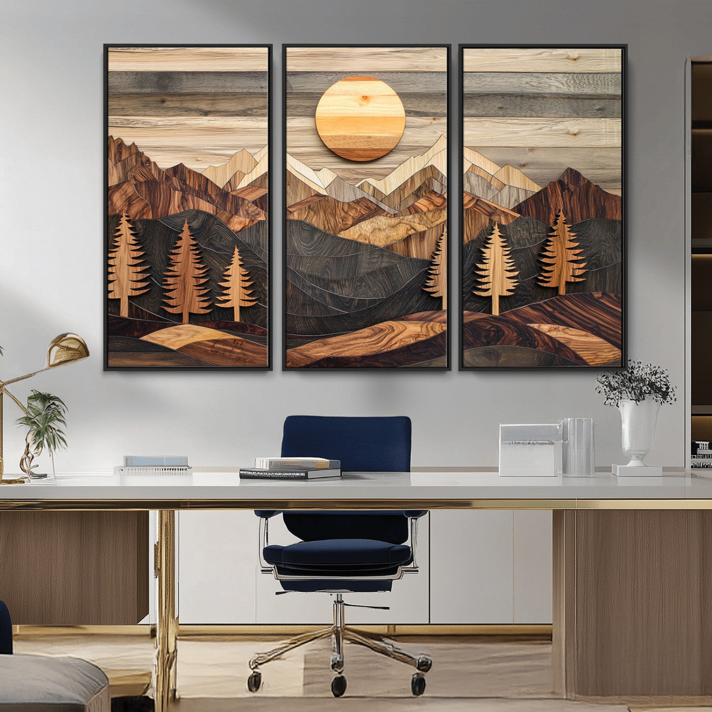 Wooden Mountain Layers Art – Rustic Pine Tree Landscape
