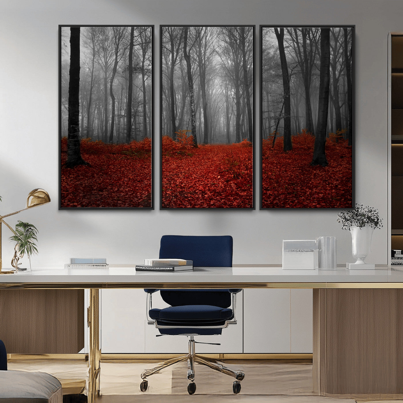 Red Forest Floor Canvas Wall Art – Mystical Foggy Woodland