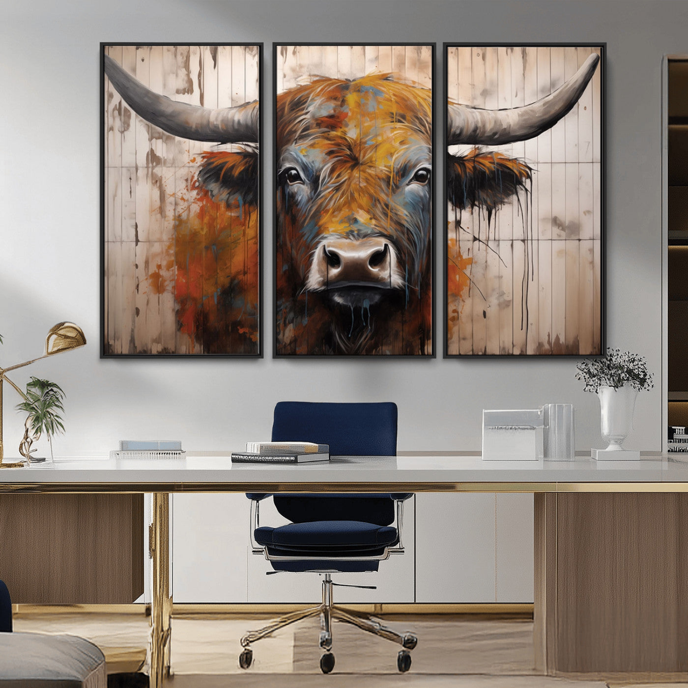 Scottish Highland Cow Cattle Art Print on Wood Style