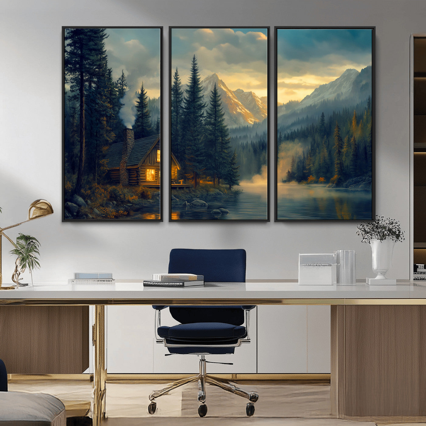 Mountain Cabin by the Lake at Sunset Wall Art - Serene
