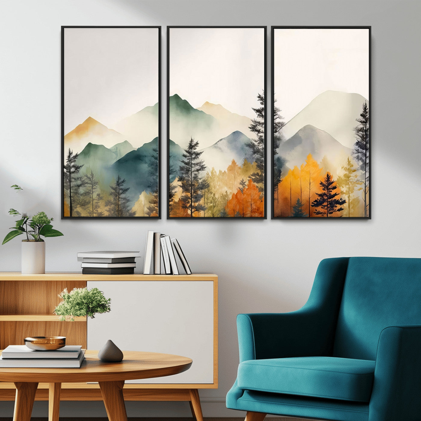 Abstract Watercolor Mountains and Trees Autumn Wall Art,