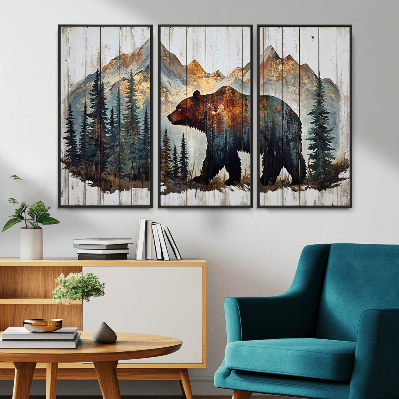 Rustic Grizzly 399 Bear and Mountain Wood Canvas Wall Art -