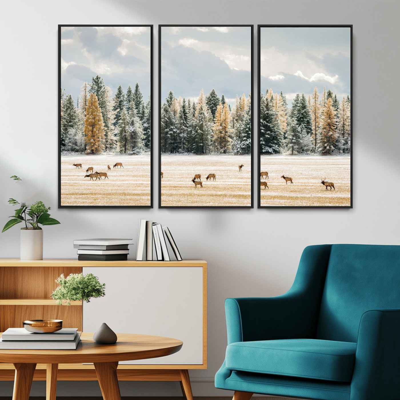 Elk Herd Wall Art – Framed Snowy Forest Canvas Artwork,