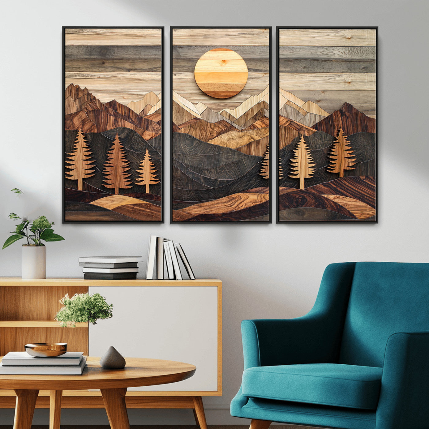 Wooden Mountain Layers Art – Rustic Pine Tree Landscape