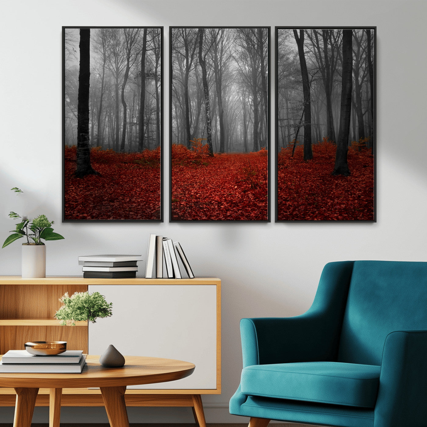 Red Forest Floor Canvas Wall Art – Mystical Foggy Woodland