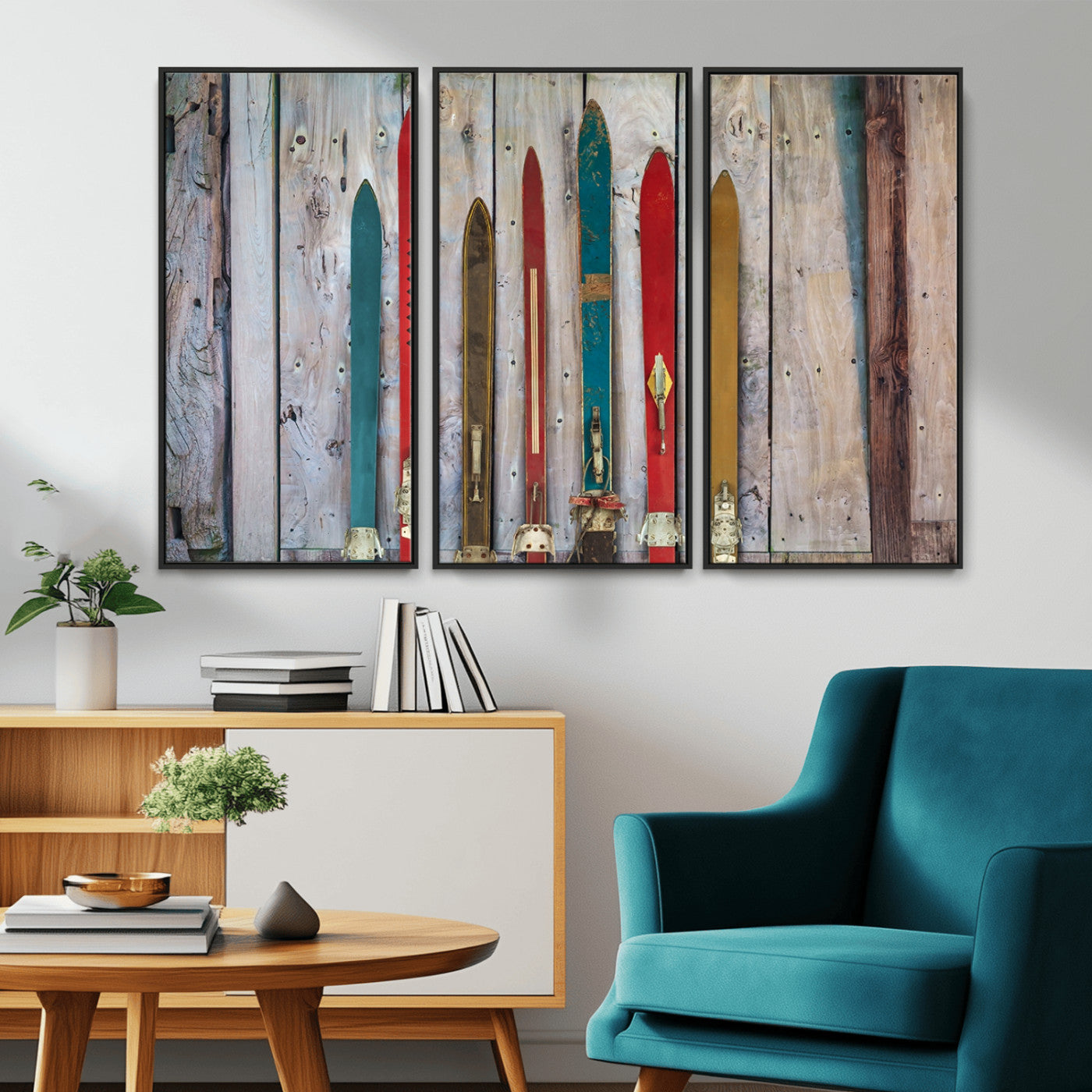 Vintage Wooden Weathered Ski's in Front of an Old Barn Wall