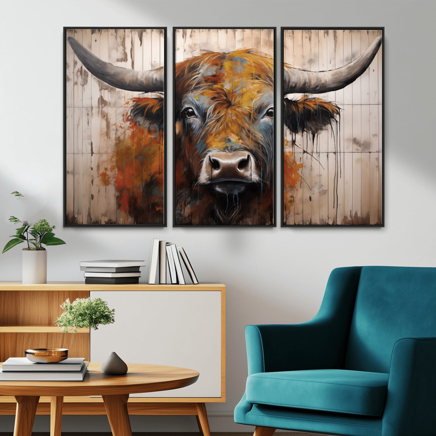 Scottish Highland Cow Cattle Art Print on Wood Style