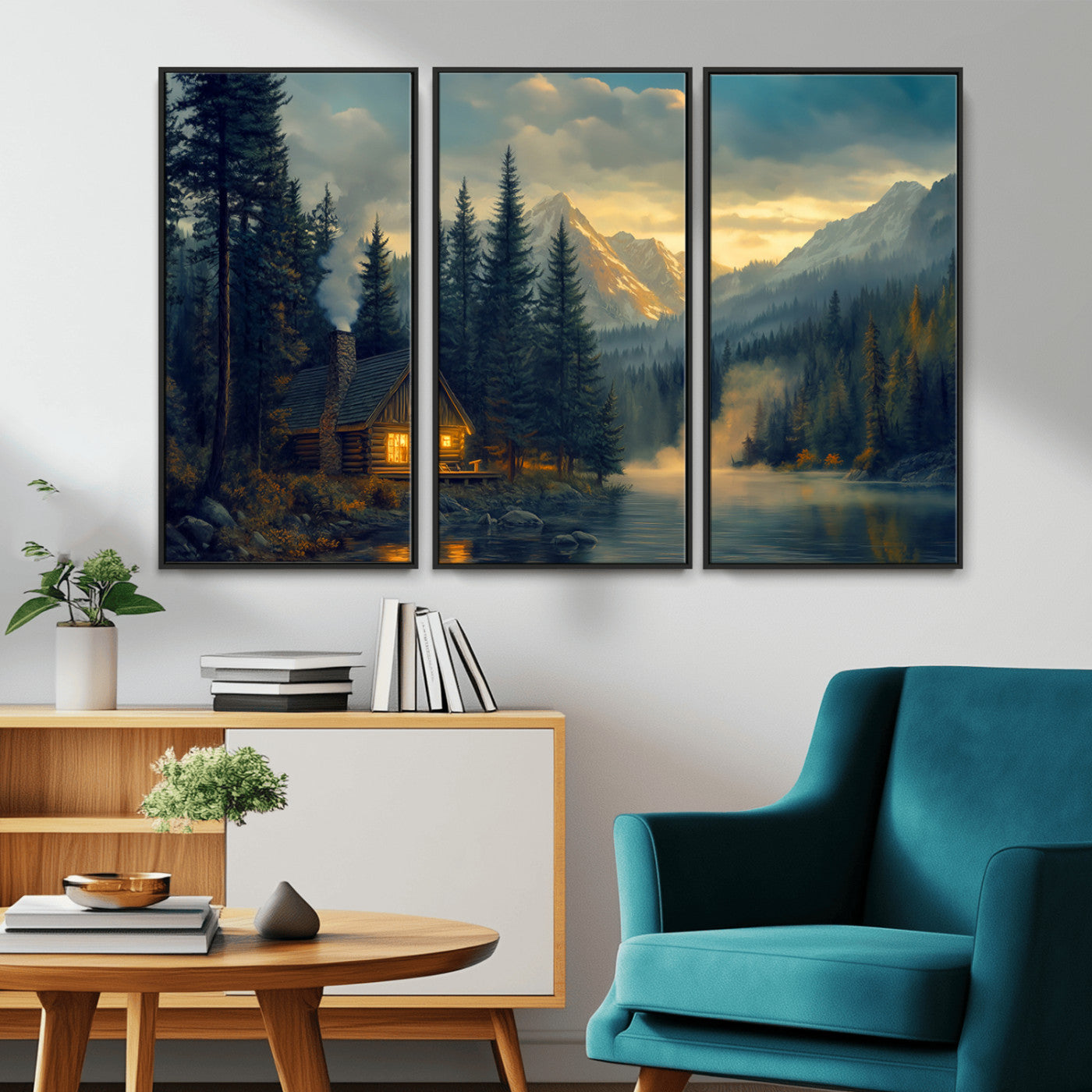 Mountain Cabin by the Lake at Sunset Wall Art - Serene