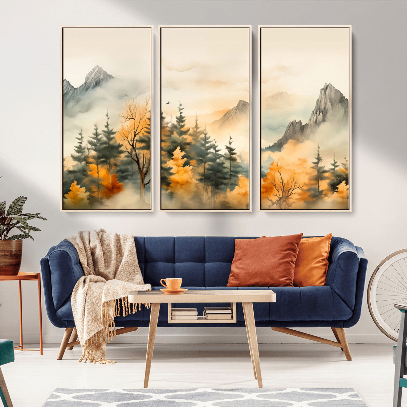 Abstract Watercolor Mountains and Trees Autumn Art,