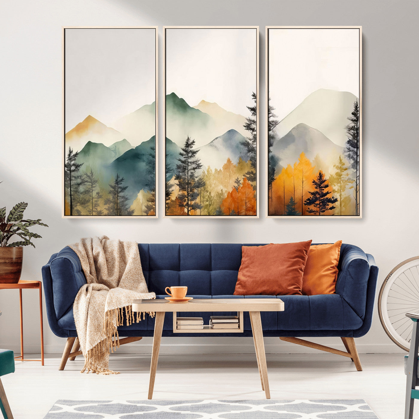 Abstract Watercolor Mountains and Trees Autumn Wall Art,