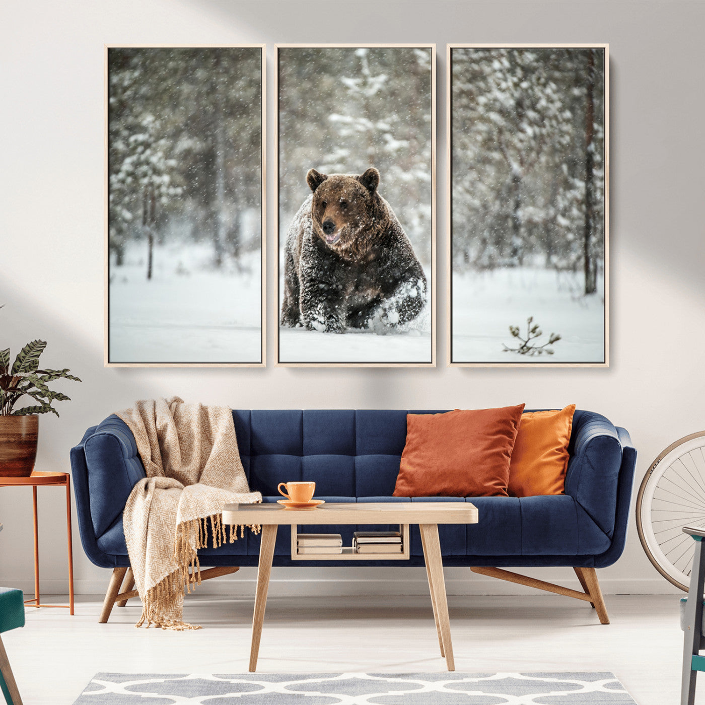 Grizzly Bear Wall Art – Framed Snowy Forest Canvas Artwork,