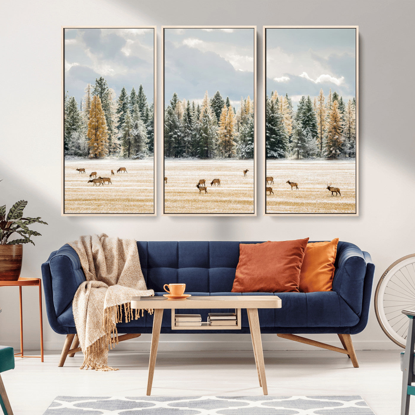 Elk Herd Wall Art – Framed Snowy Forest Canvas Artwork,