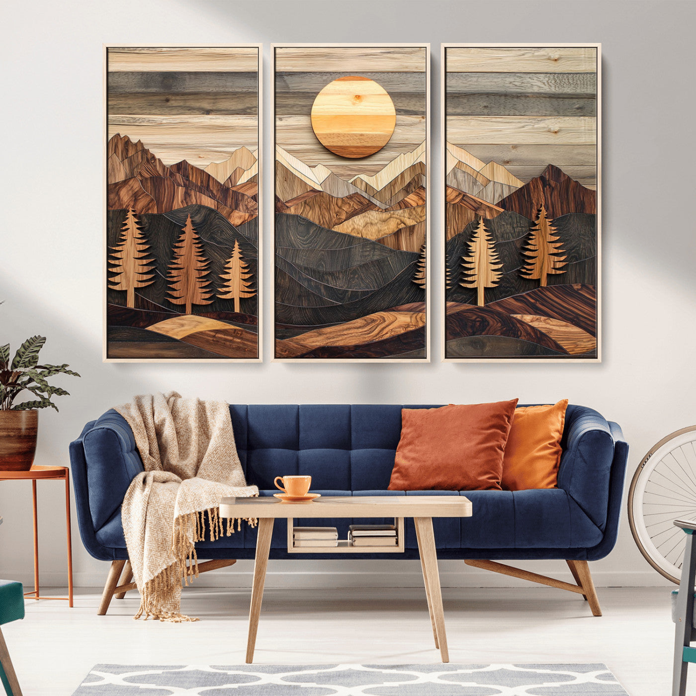 Wooden Mountain Layers Art – Rustic Pine Tree Landscape