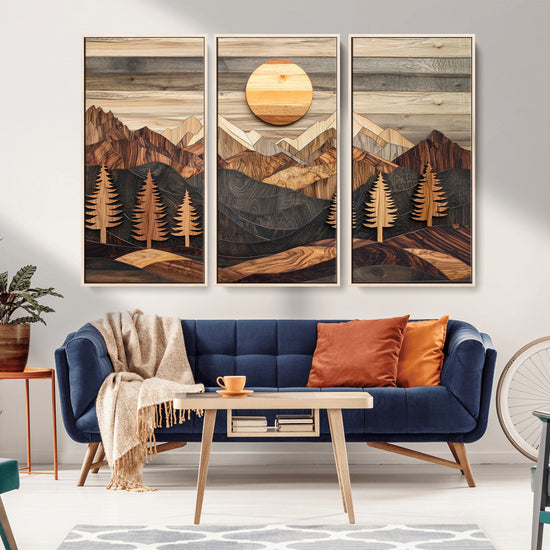 Wooden Mountain Layers Art – Rustic Pine Tree Landscape