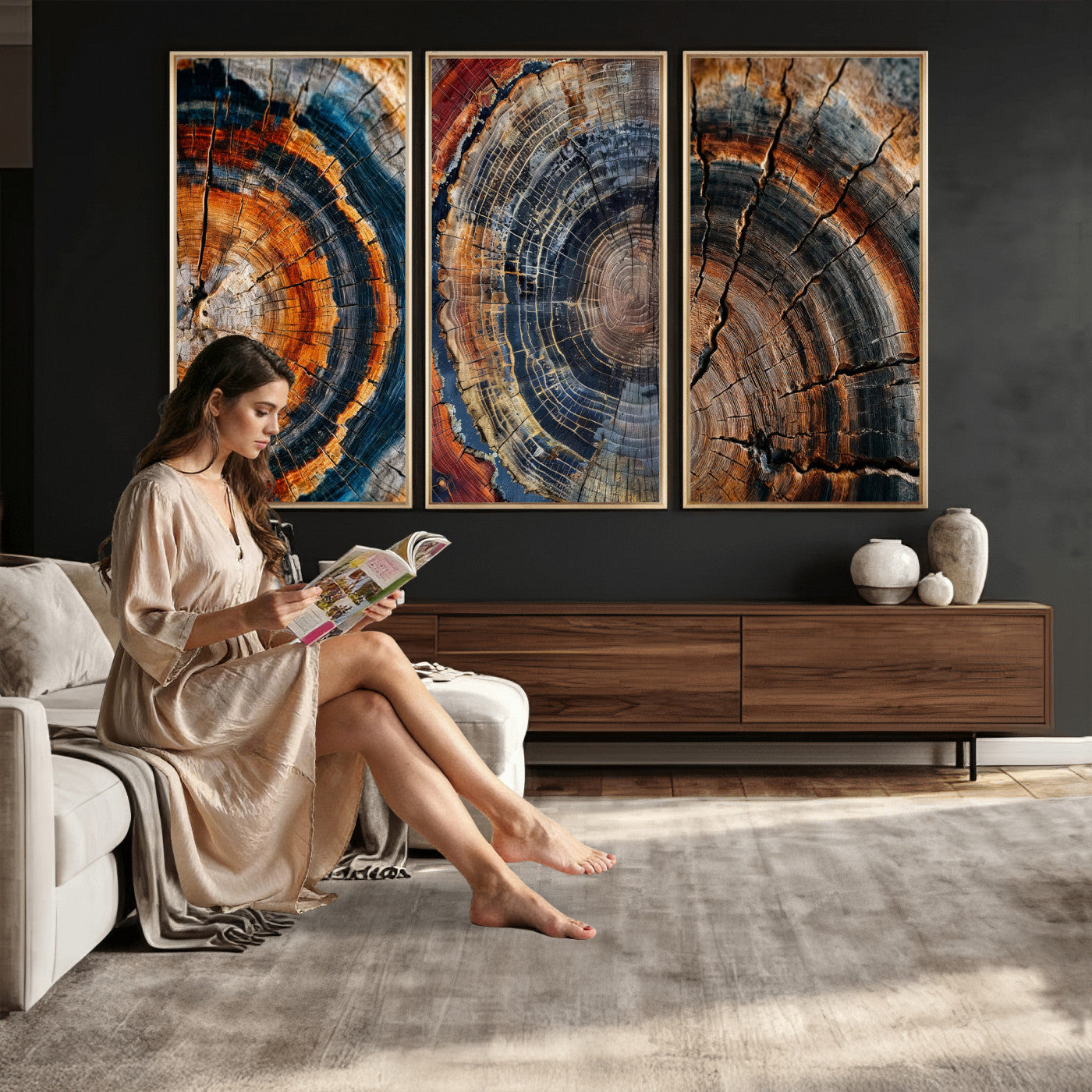 Tree Ring Triptych Canvas Wall Art — Set of 3 Wood Grain