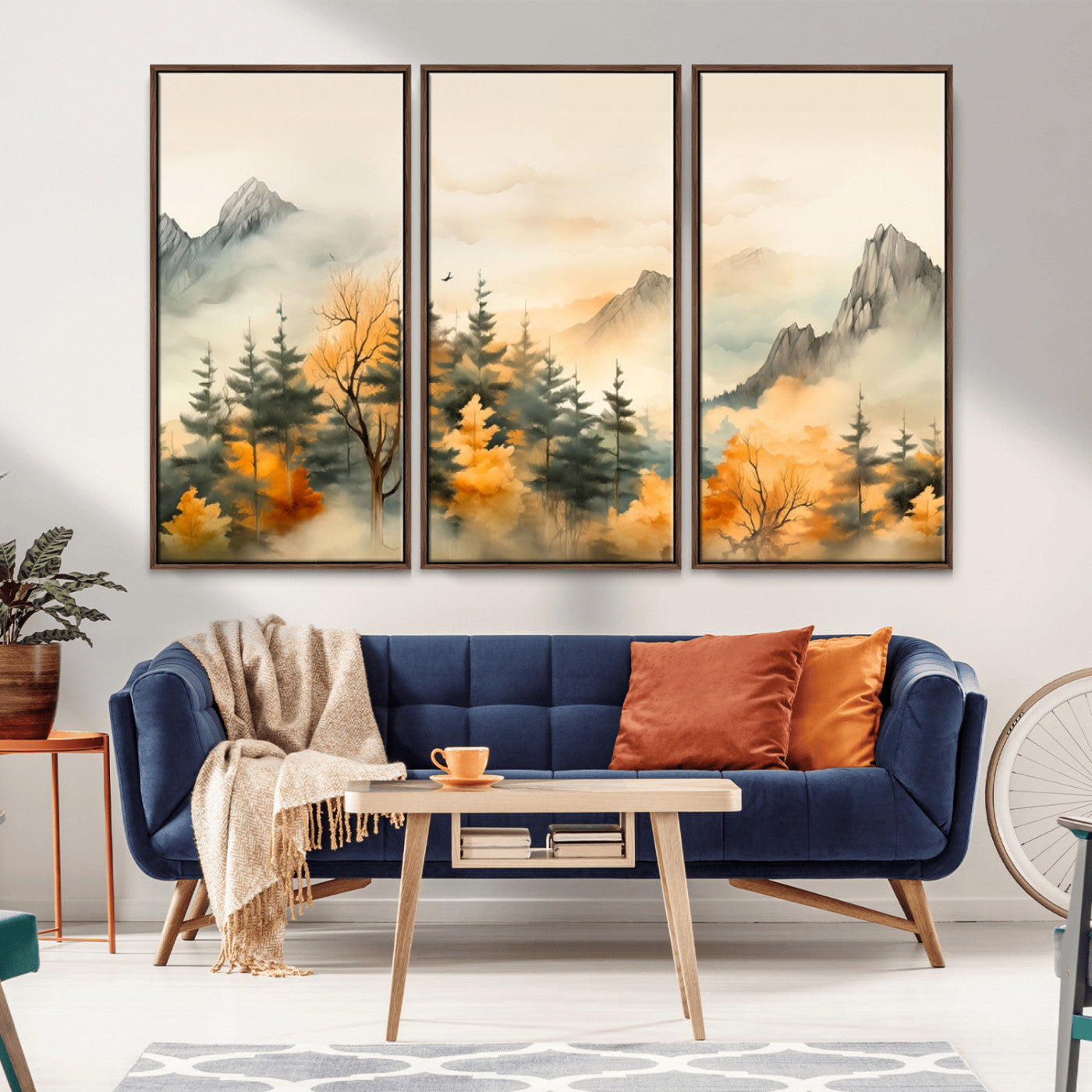 Abstract Watercolor Mountains and Trees Autumn Art,