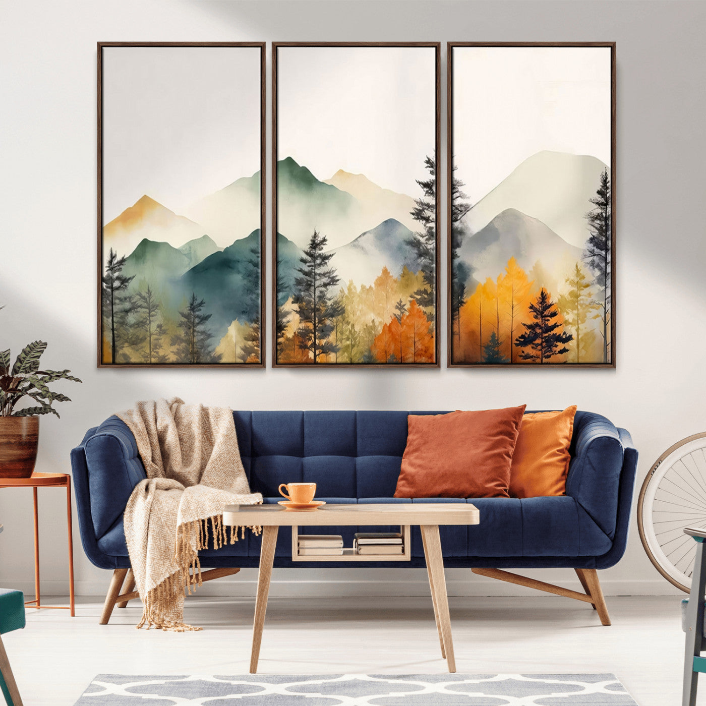 Abstract Watercolor Mountains and Trees Autumn Wall Art,