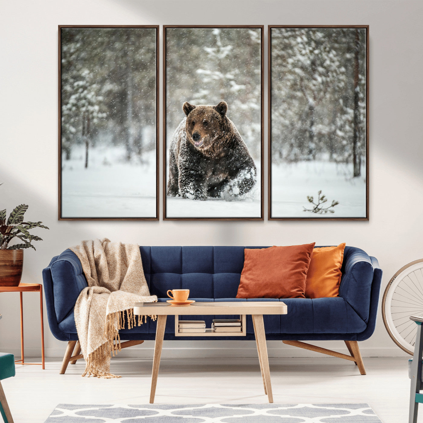 Grizzly Bear Wall Art – Framed Snowy Forest Canvas Artwork,