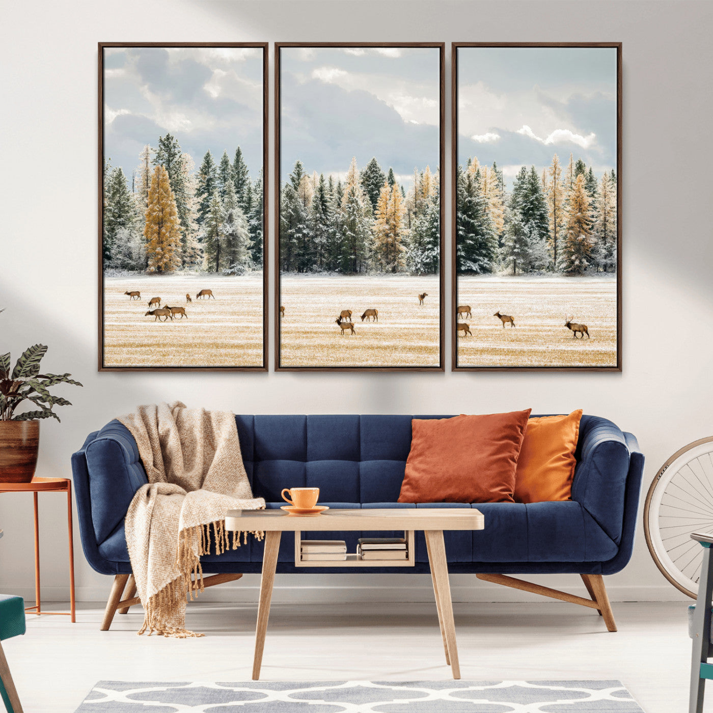 Elk Herd Wall Art – Framed Snowy Forest Canvas Artwork,