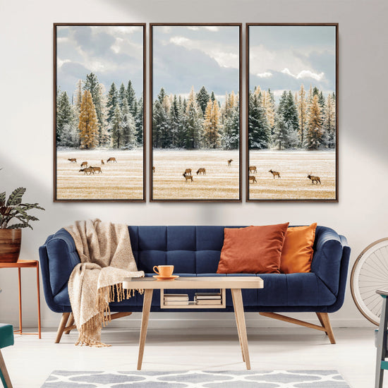 Elk Herd Wall Art – Framed Snowy Forest Canvas Artwork,