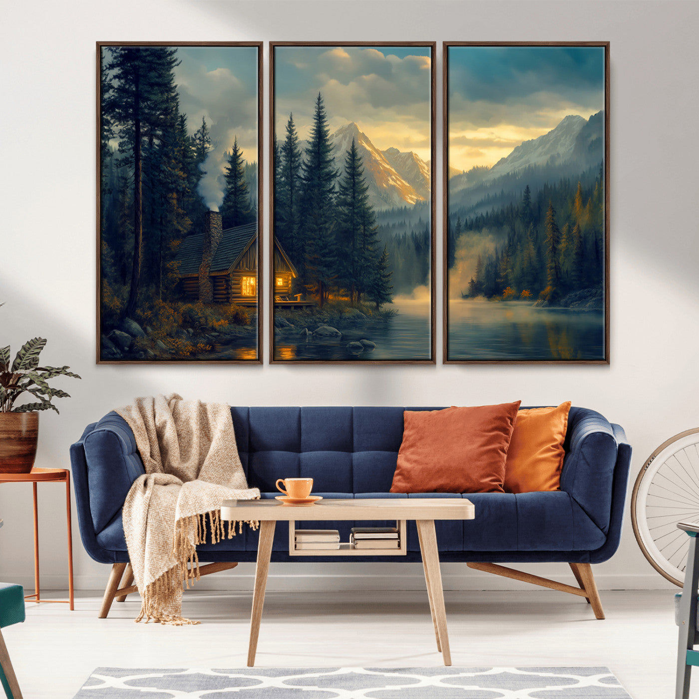 Mountain Cabin by the Lake at Sunset Wall Art - Serene