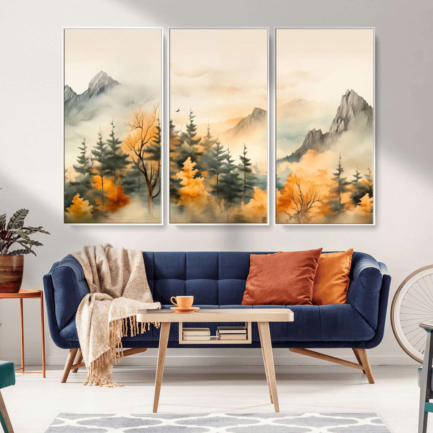 Abstract Watercolor Mountains and Trees Autumn Art,