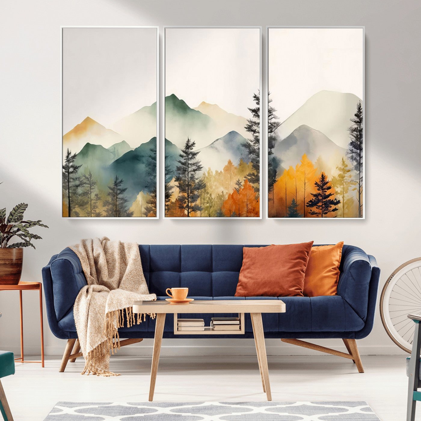 Abstract Watercolor Mountains and Trees Autumn Wall Art,