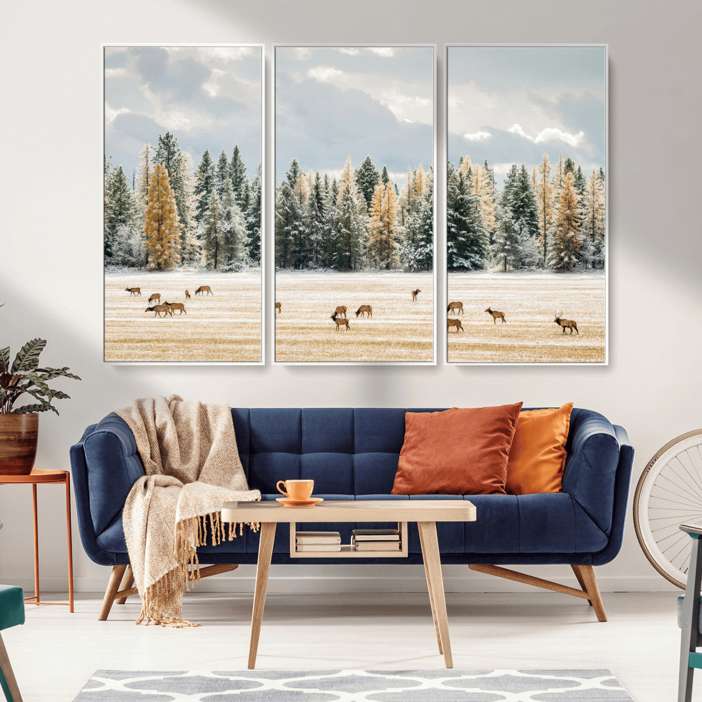 Elk Herd Wall Art – Framed Snowy Forest Canvas Artwork,