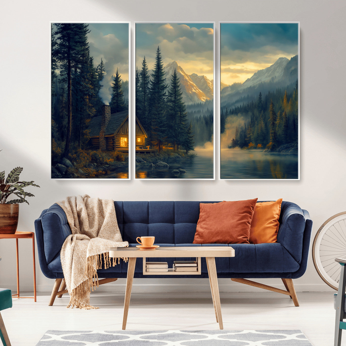 Mountain Cabin by the Lake at Sunset Wall Art - Serene