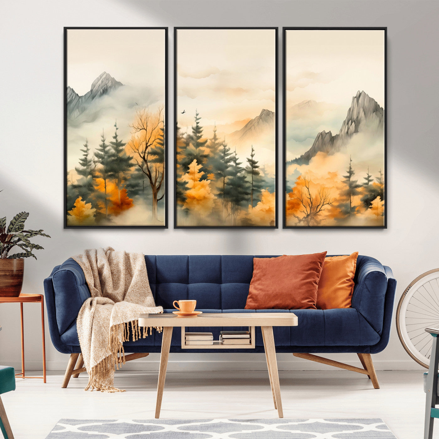 Abstract Watercolor Mountains and Trees Autumn Art,
