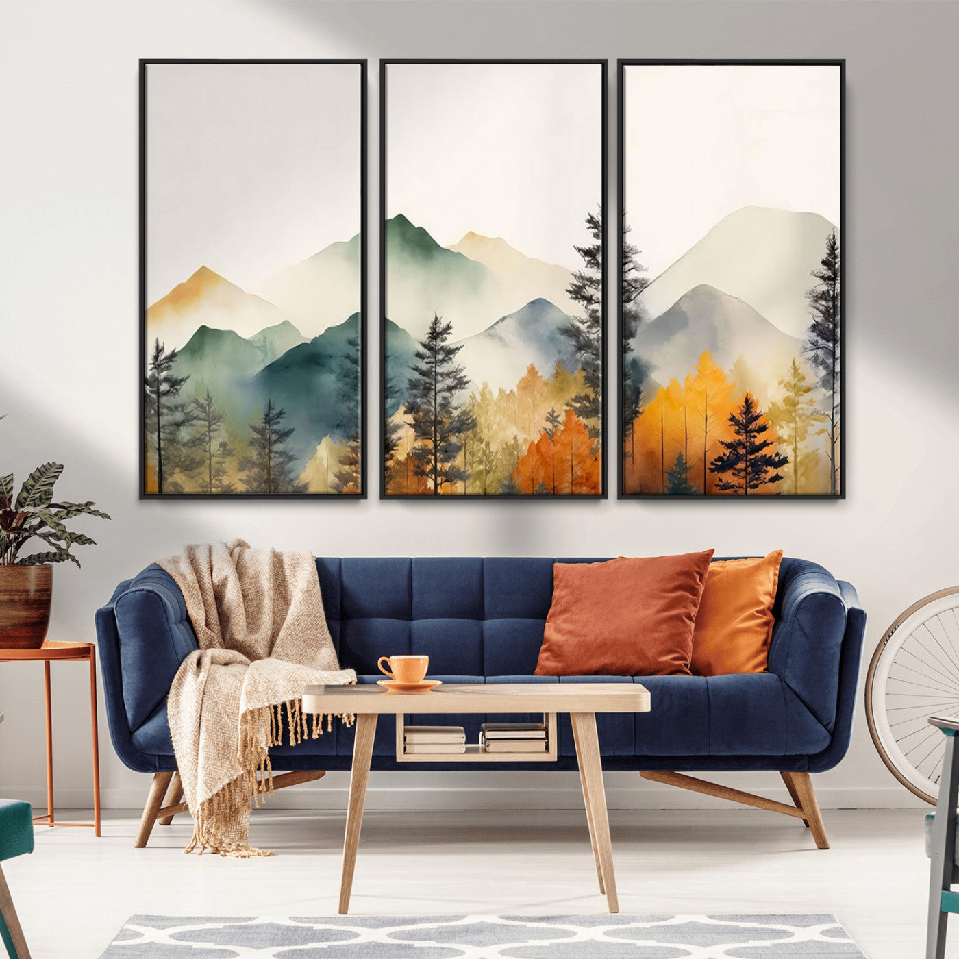 Abstract Watercolor Mountains and Trees Autumn Wall Art,