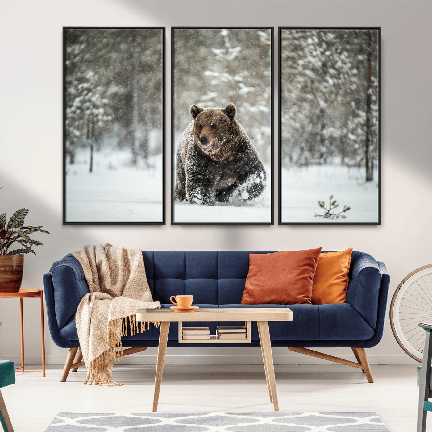 Grizzly Bear Wall Art – Framed Snowy Forest Canvas Artwork,