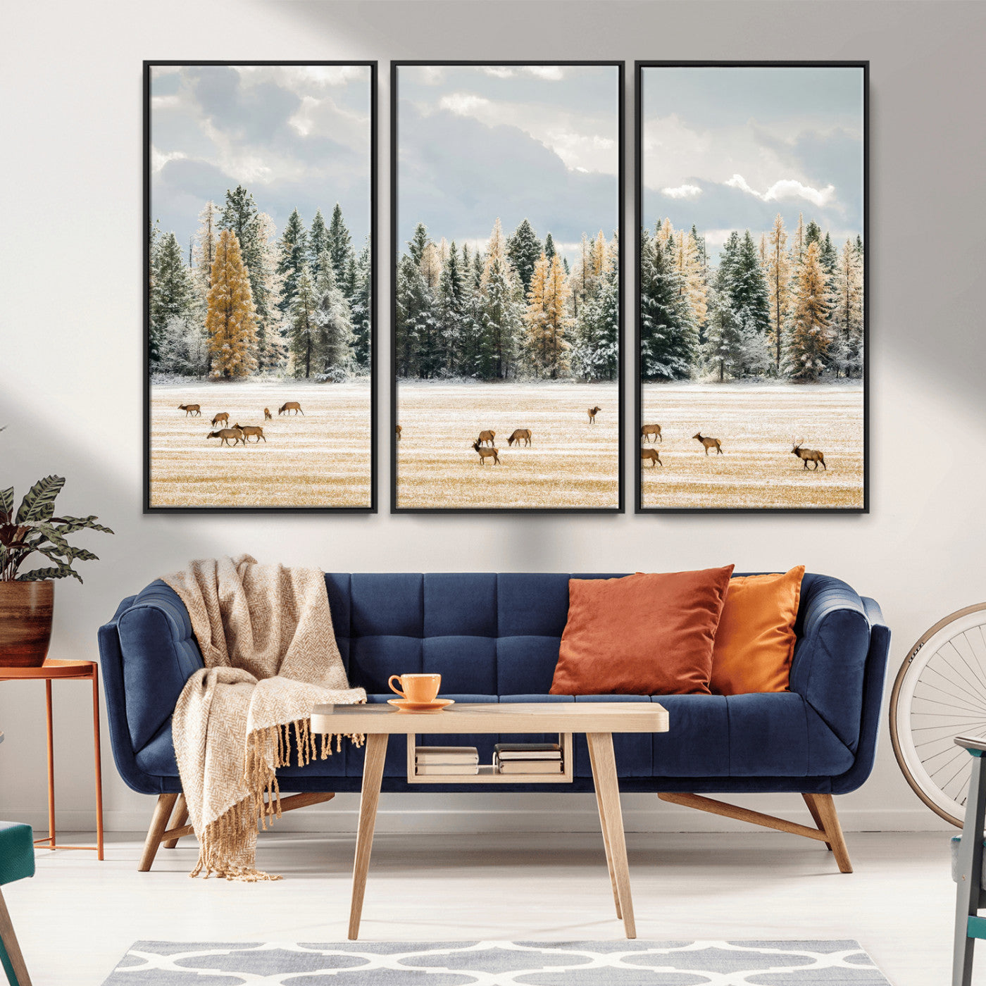 Elk Herd Wall Art – Framed Snowy Forest Canvas Artwork,