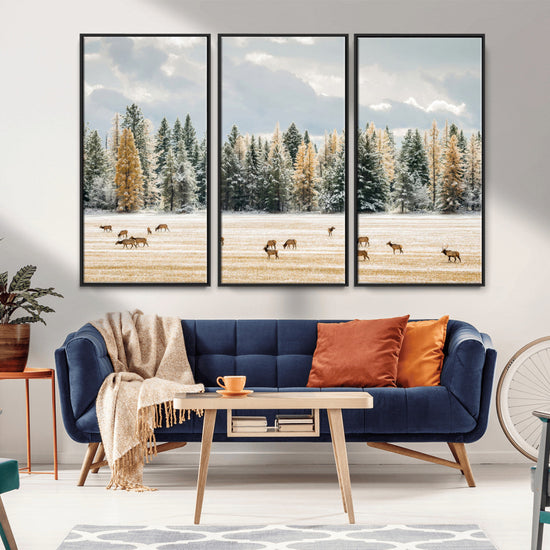 Elk Herd Wall Art – Framed Snowy Forest Canvas Artwork,