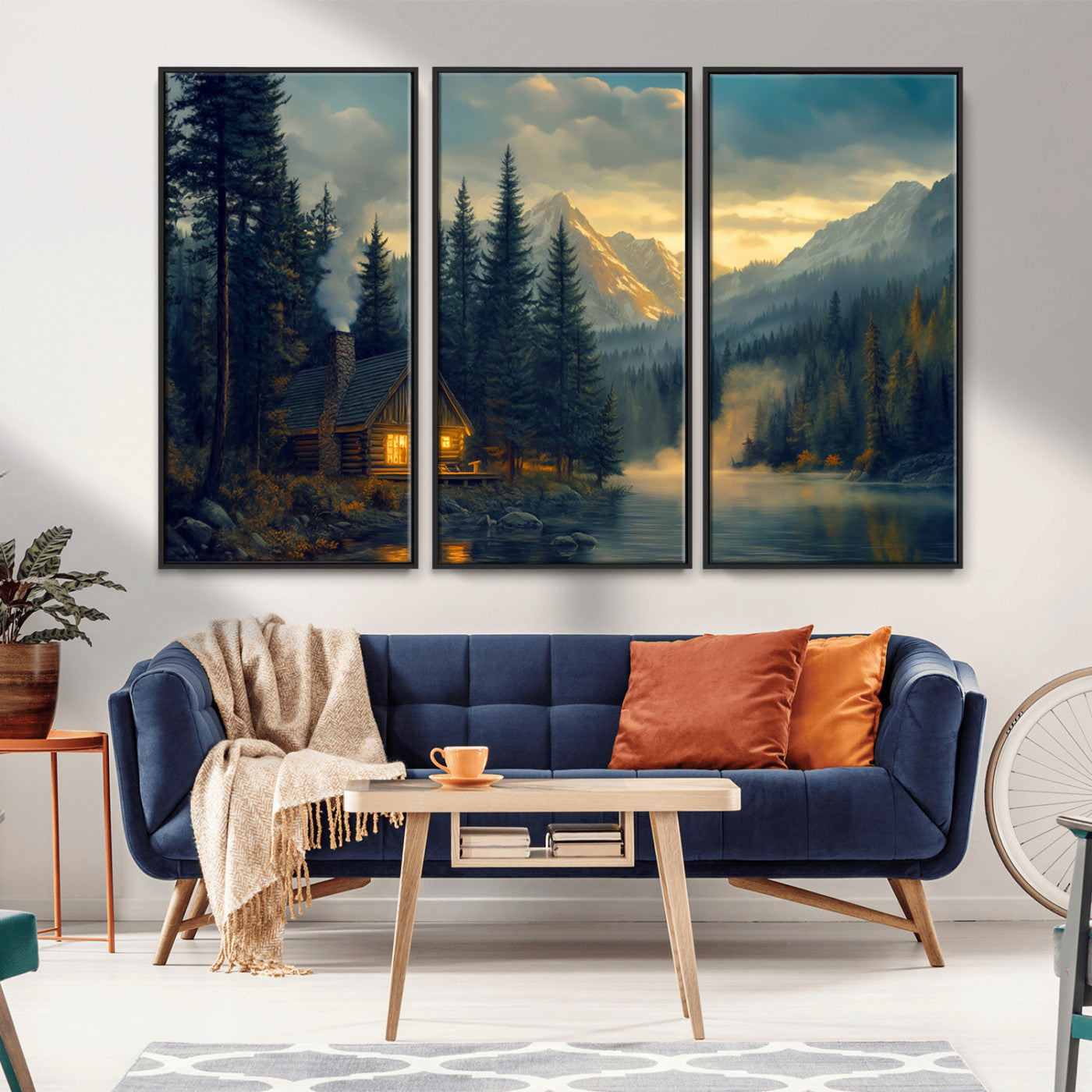 Mountain Cabin by the Lake at Sunset Wall Art - Serene