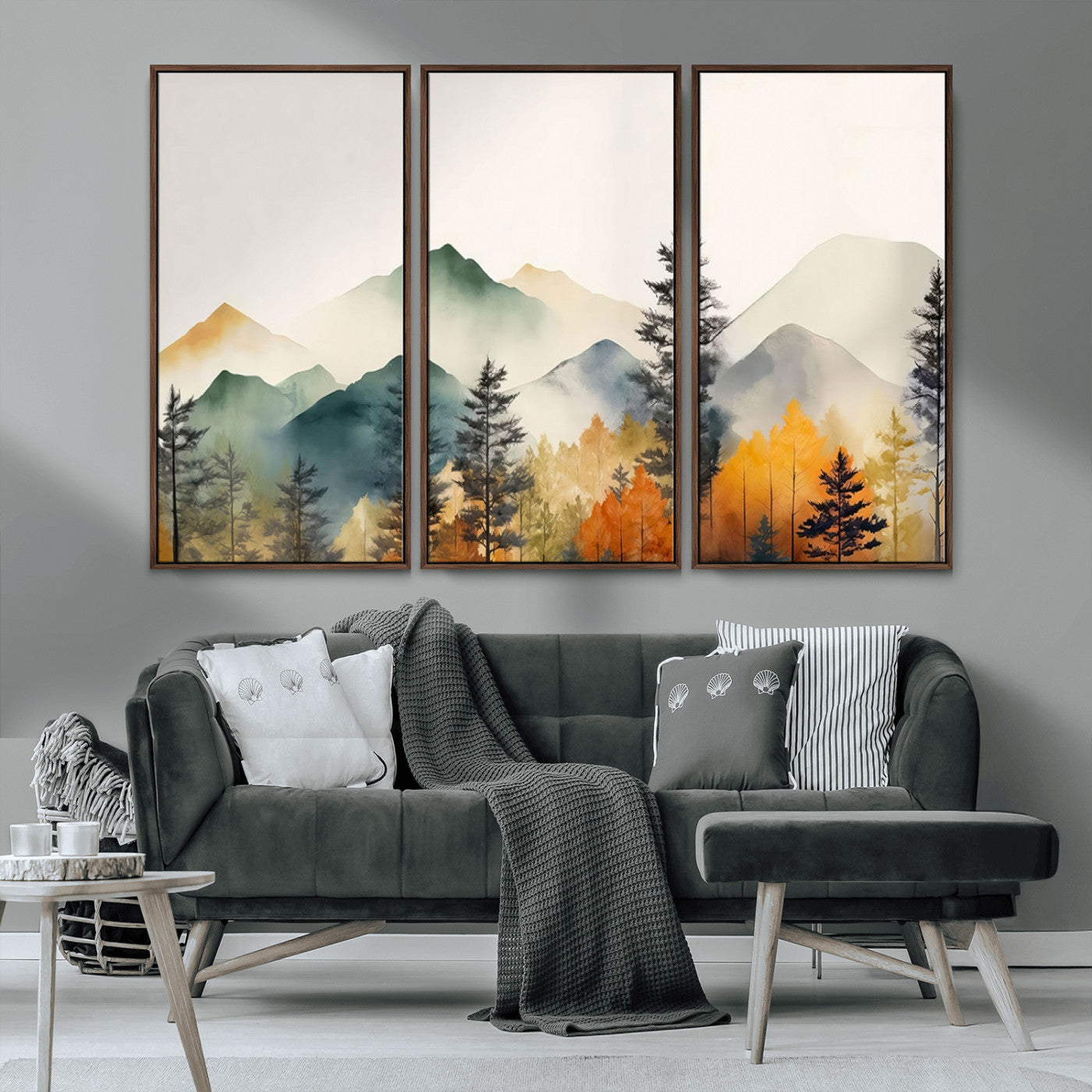 Abstract Watercolor Mountains and Trees Autumn Wall Art,