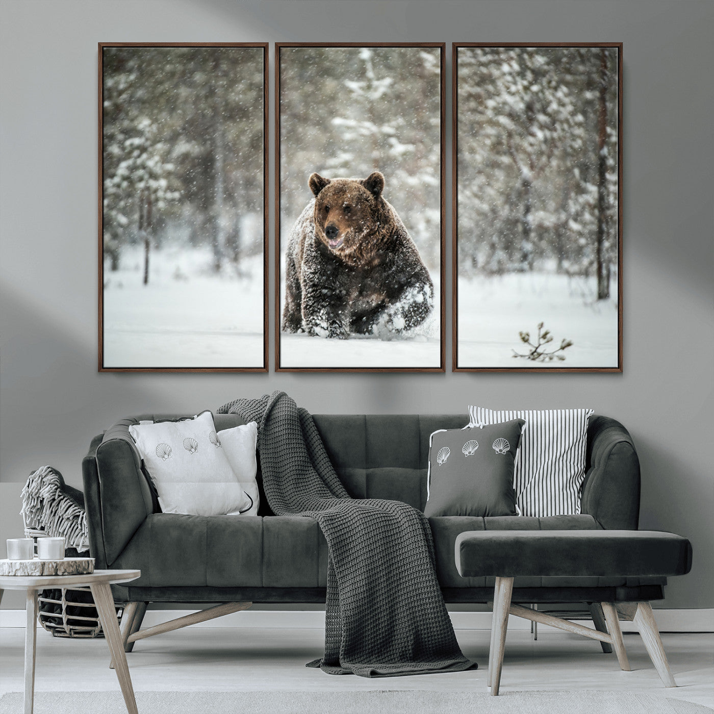 Grizzly Bear Wall Art – Framed Snowy Forest Canvas Artwork,