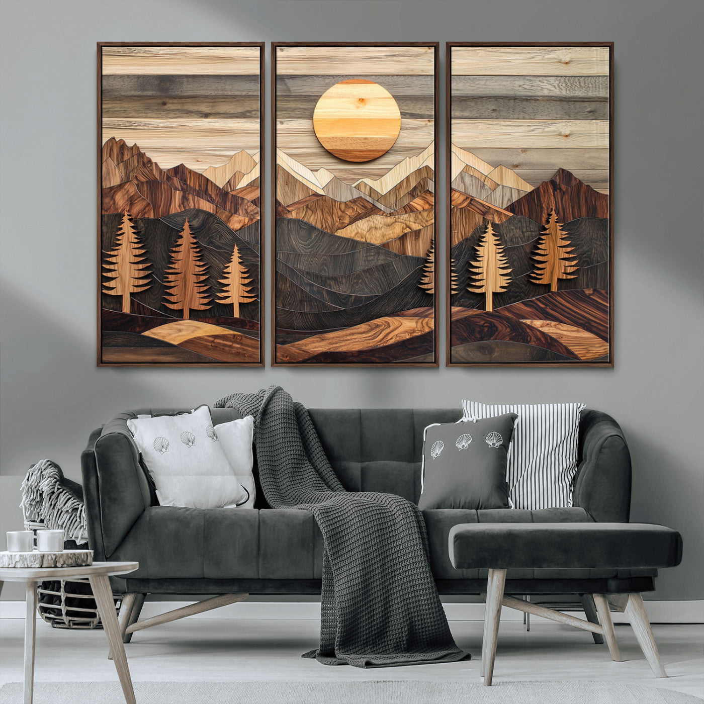 Wooden Mountain Layers Art – Rustic Pine Tree Landscape
