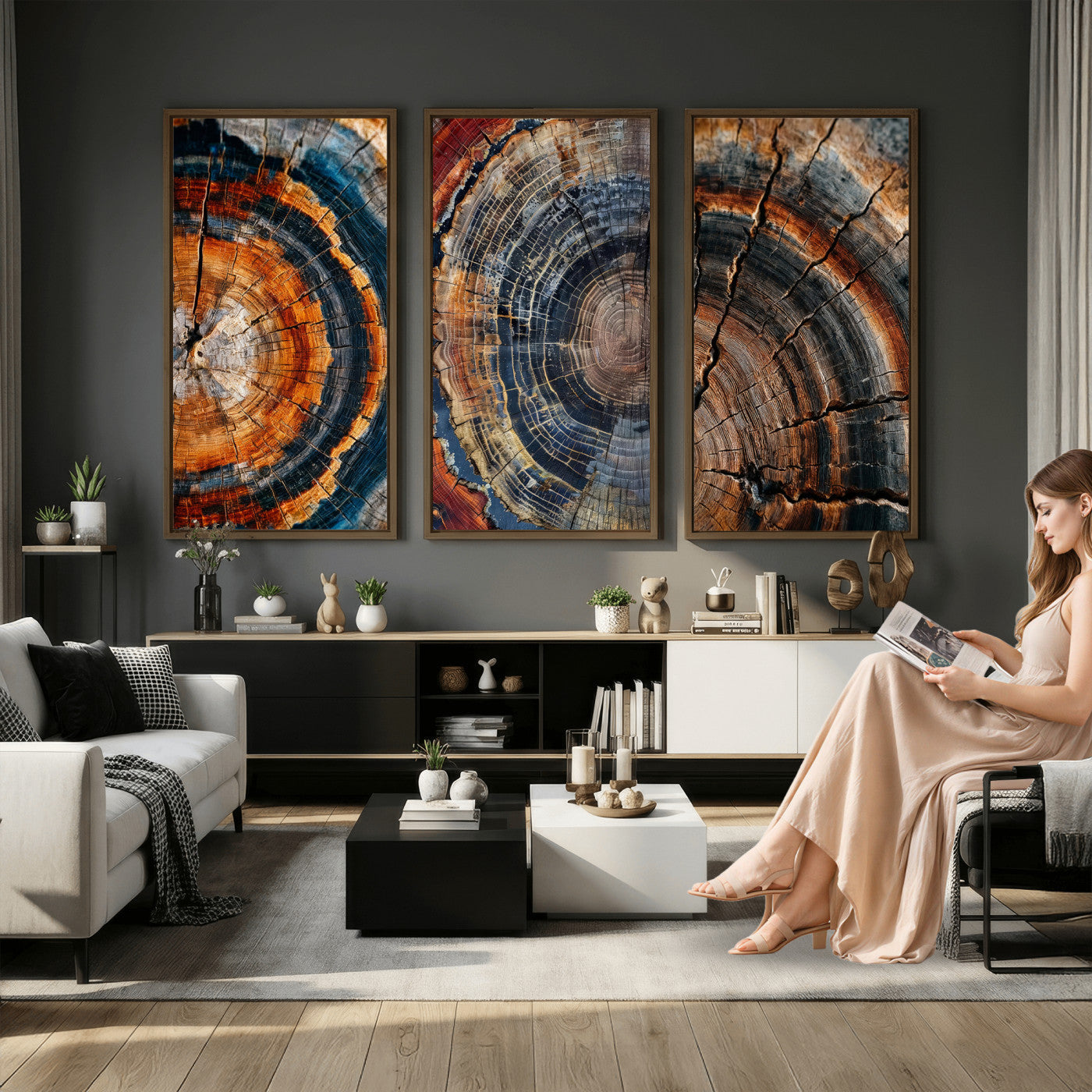 Tree Ring Triptych Canvas Wall Art — Set of 3 Wood Grain
